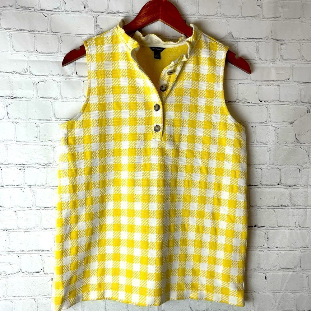 Ann Taylor Yellow and White Gingham Sleeveless Henley Top